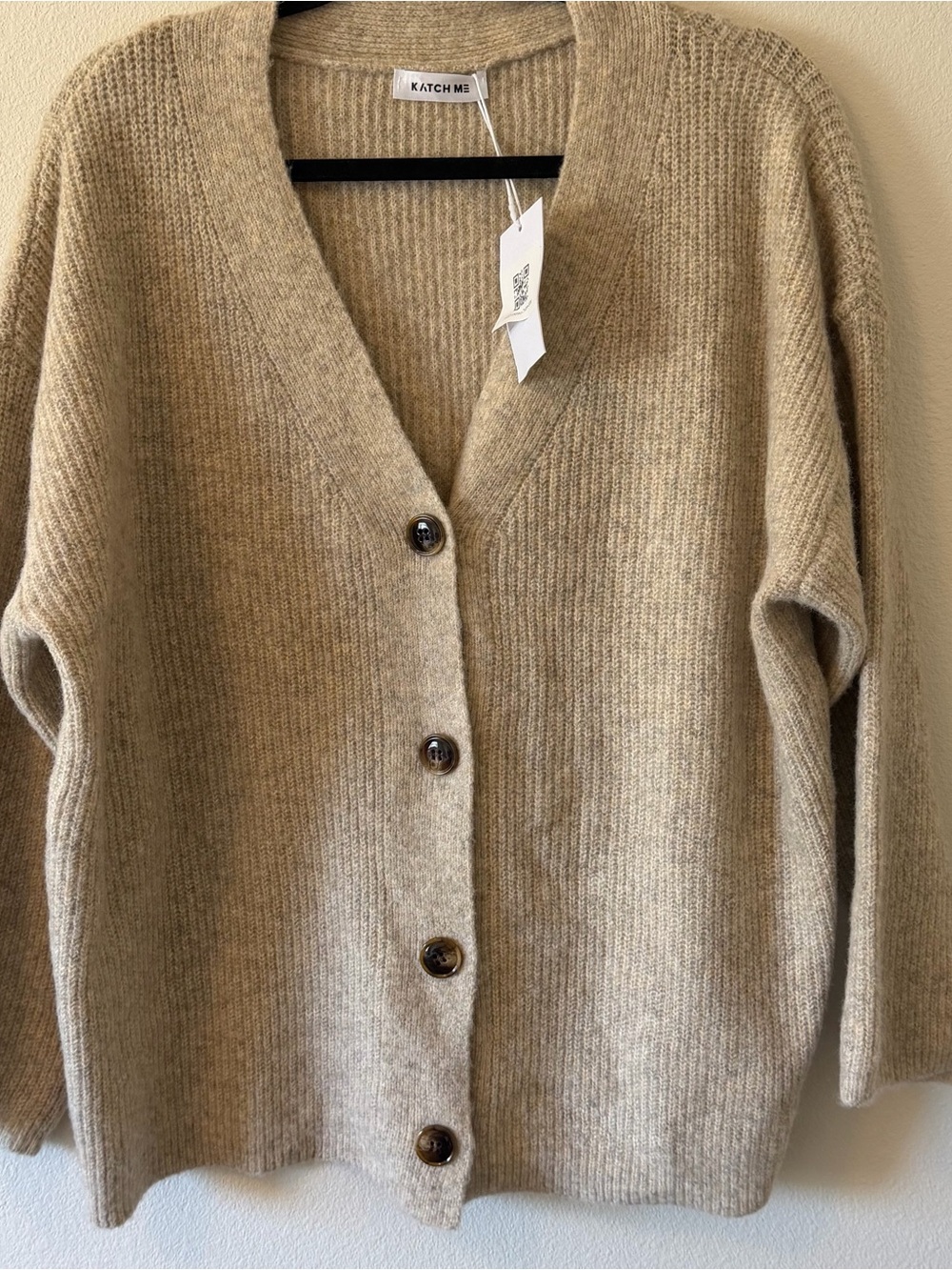 KATCH ME Beige Ribbed Knit V-Neck Cardigan Sweater S/M Oversized Neutral Cozy